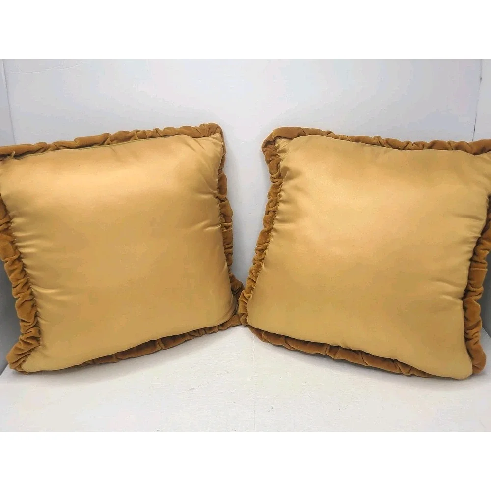 Vtg 70s Smocked Velvet Throw Pillows Pair Mustard Gold Smocking Floral Brocade 2